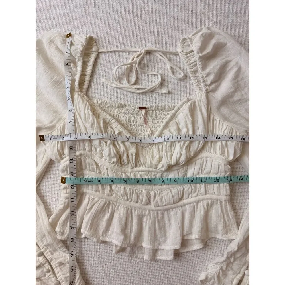Free People Chloe Top S White Smocked Puff Sleeve Peplum Boho Cottagecore